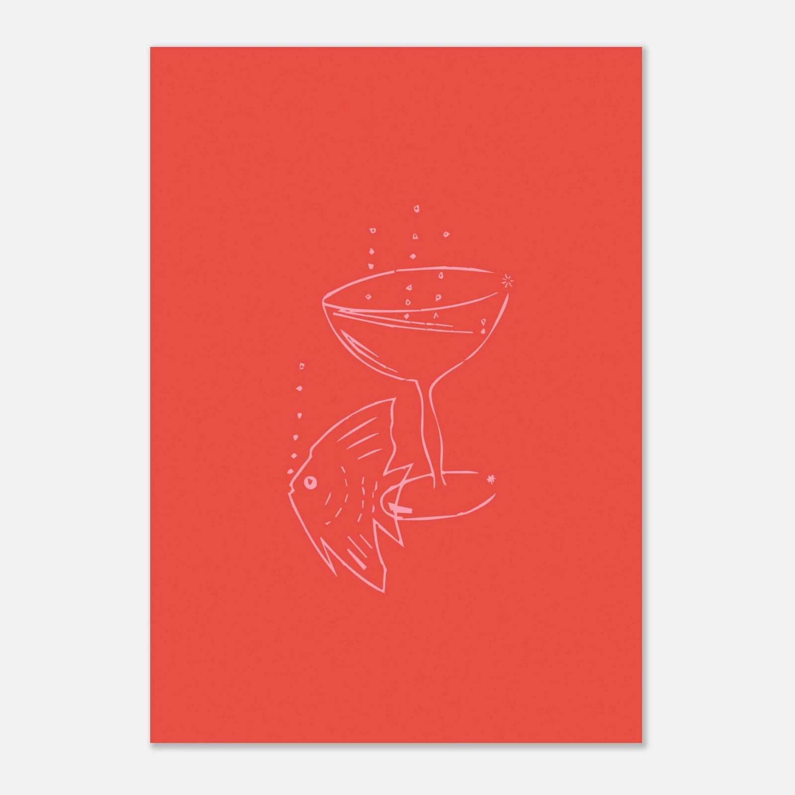 Einfache Linienzeichnung eines Cocktails und Fisch auf rotem Hintergrund, Art Poster