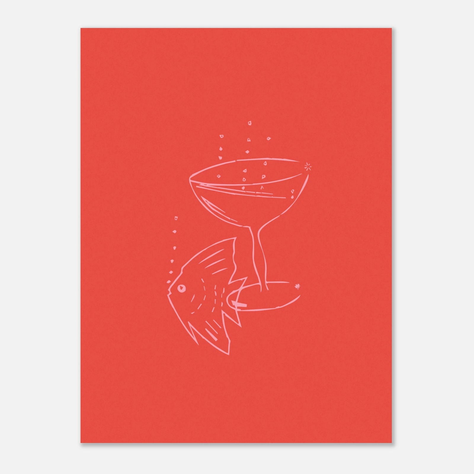 Einfache Linienzeichnung eines Cocktailglases und Mond auf rotem Hintergrund für Fisch Art Poster