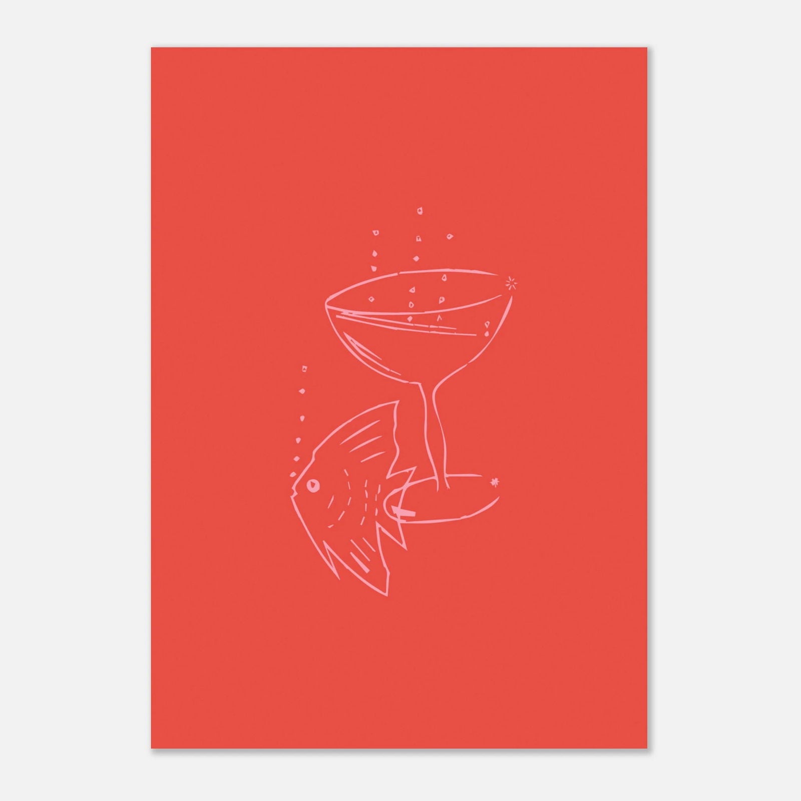 Einfache Linienzeichnung eines Cocktailglases und Fisch auf korallenfarbenem Poster