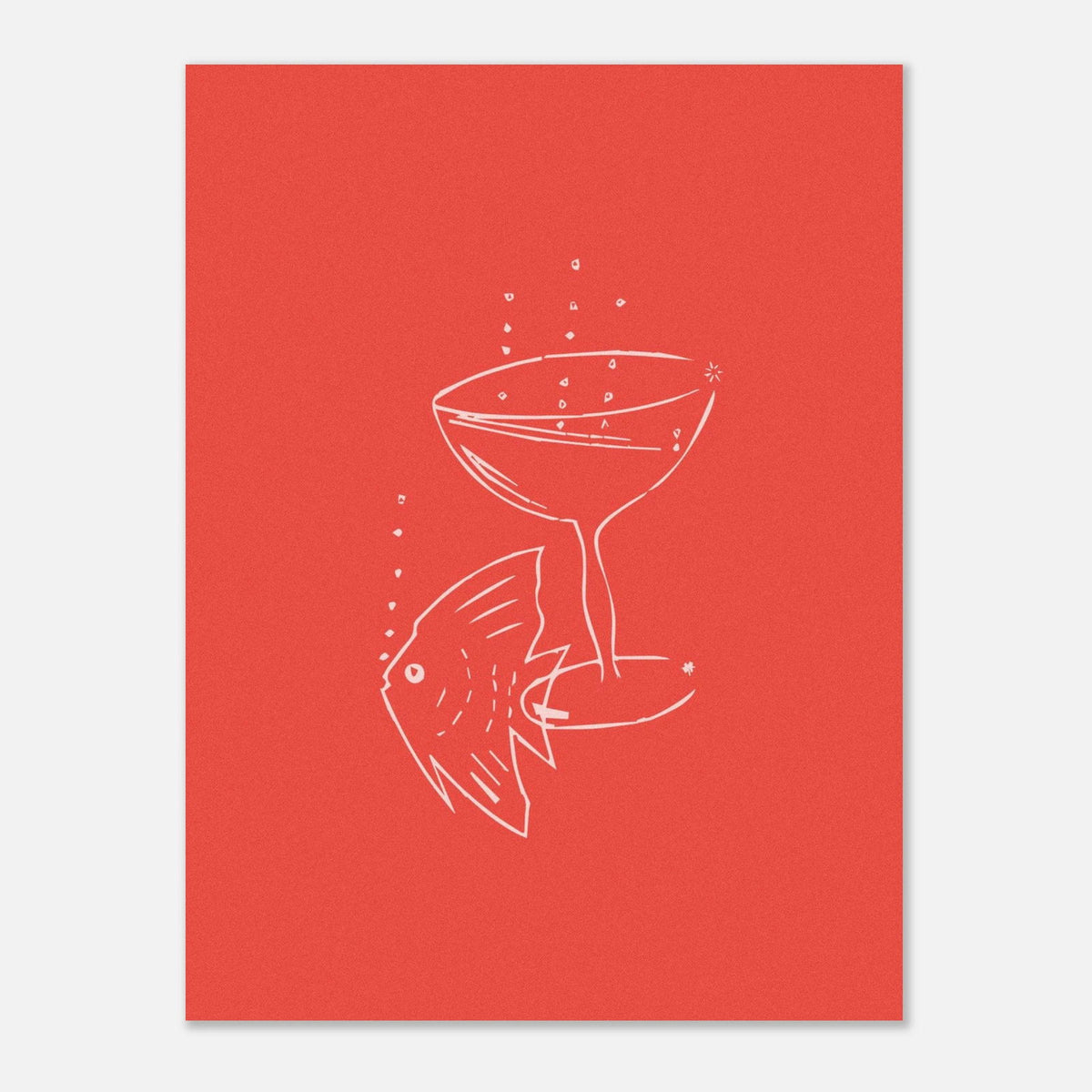 Einfache Linienezeichnung eines Cocktailglases auf rotem Hintergrund für Art Poster Fisch