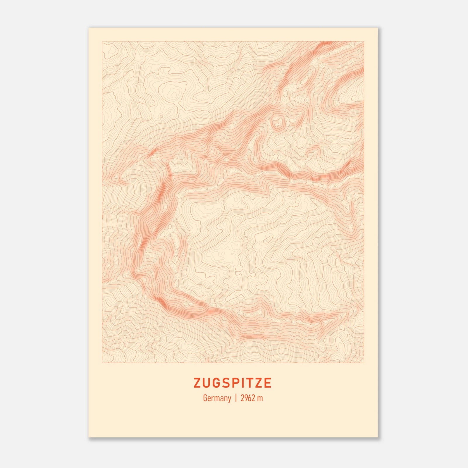 Topografische Karte des Zugspitze Bergs als Beige Rot Poster mit Höhenlinien