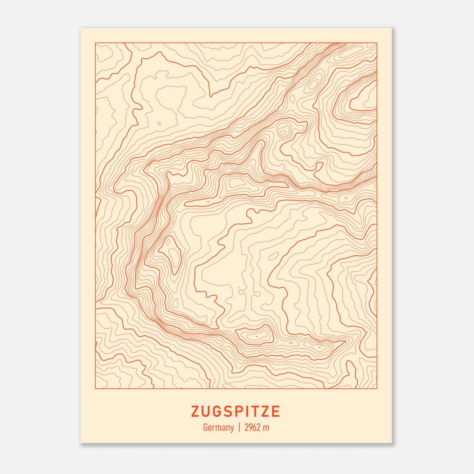 Topografische Karte Zugspitze Berg mit Höhenlinien in Beige und Rot als Poster