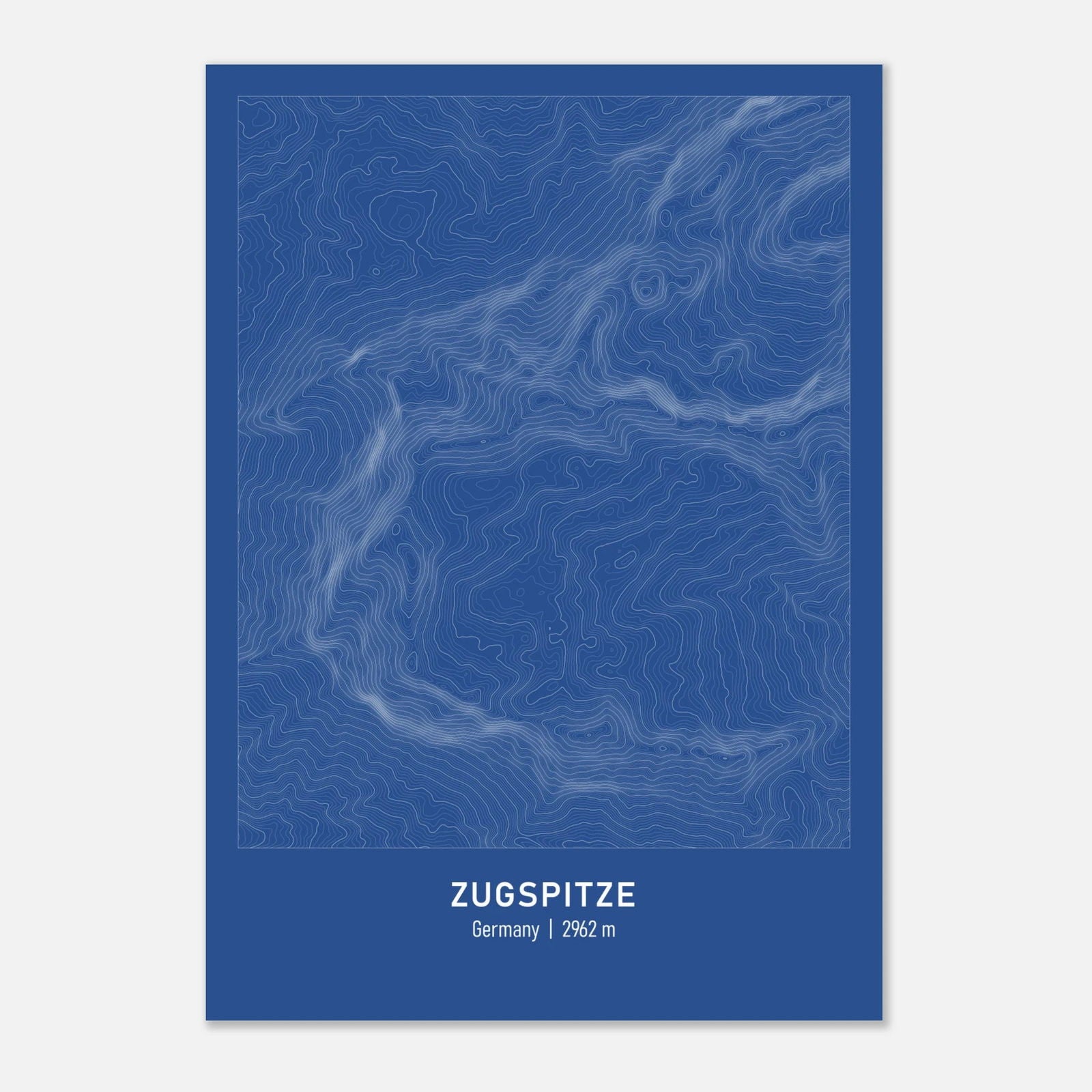 Topografische Karte des Zugspitze Bergs in Blau und Weiß für ein Poster