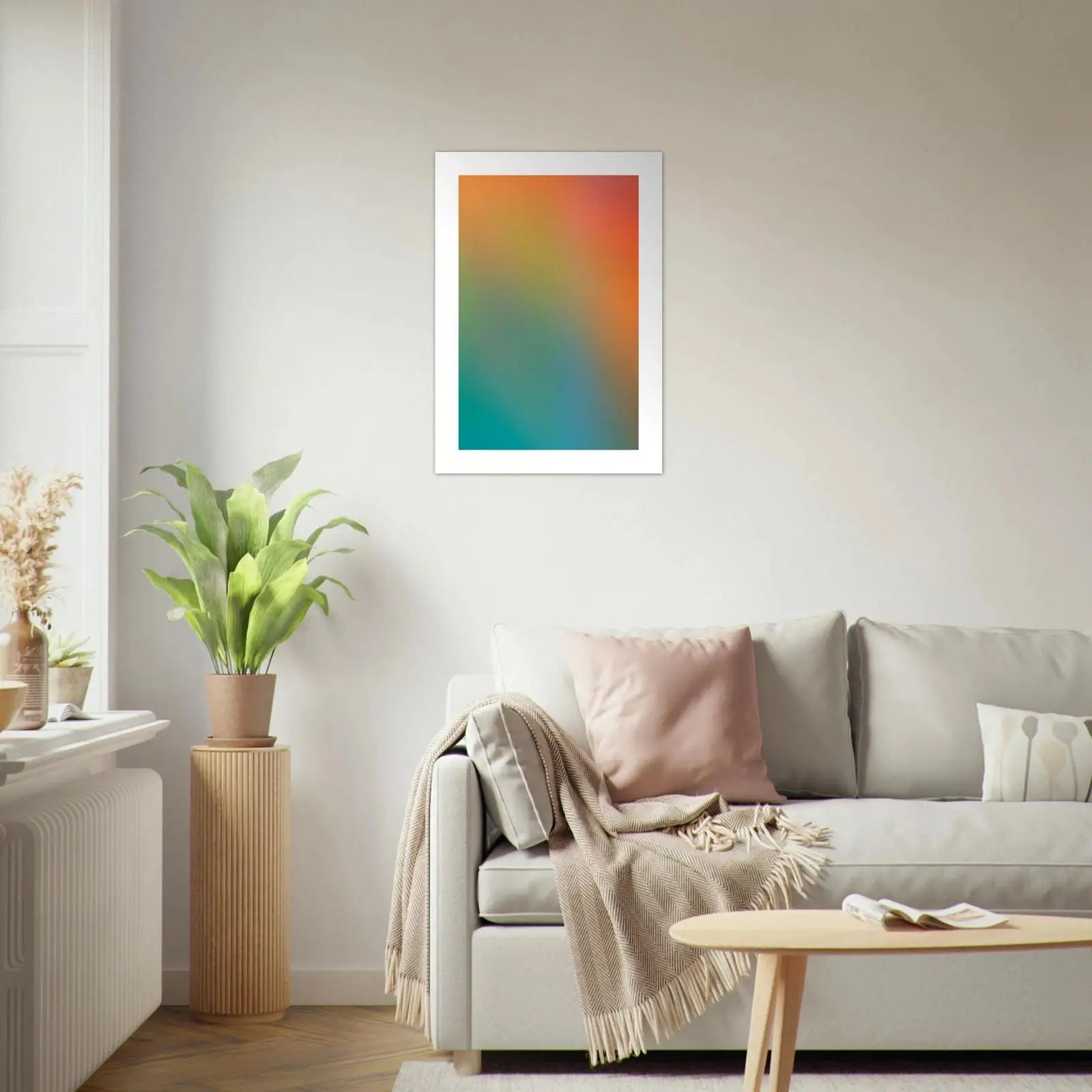 Abstraktes Poster mit orange, grün und teal Farben im weißen Rahmen als Gradient Art