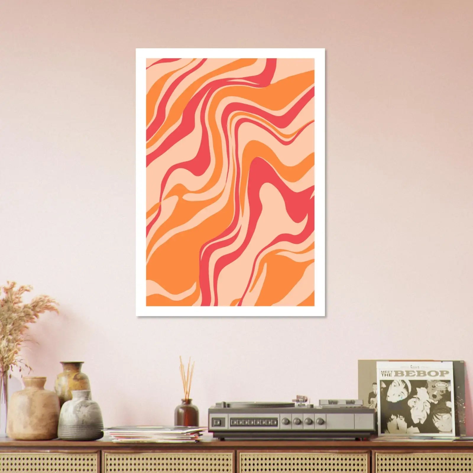 Abstrakte orange und rote Wirbelkunst auf Lava Swirl Flow Poster in Beige