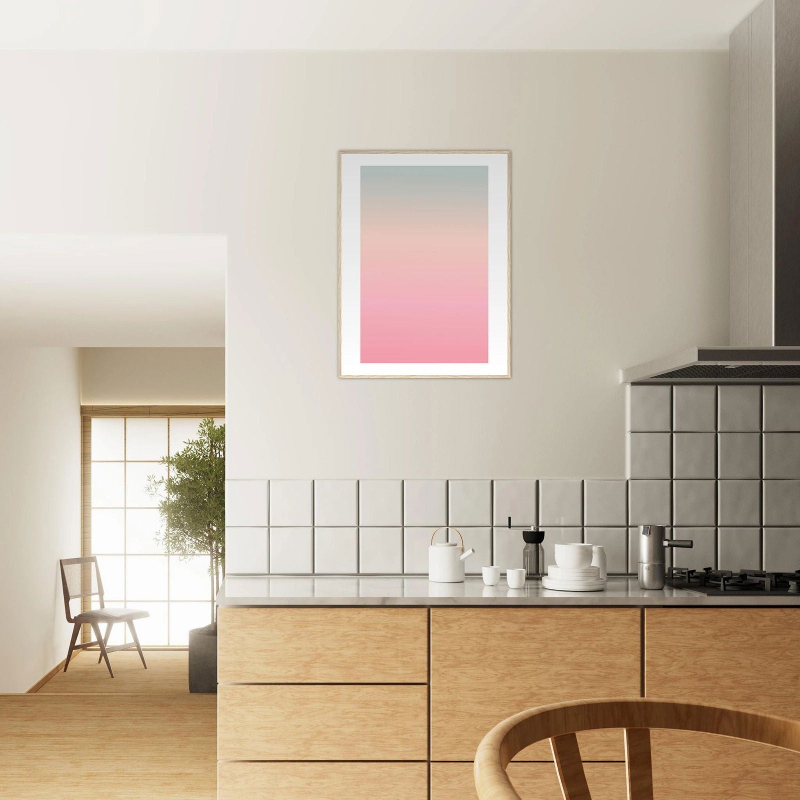 AAM_Linear Pastell Gradient Art Poster im Holzrahmen - Grün Rosa